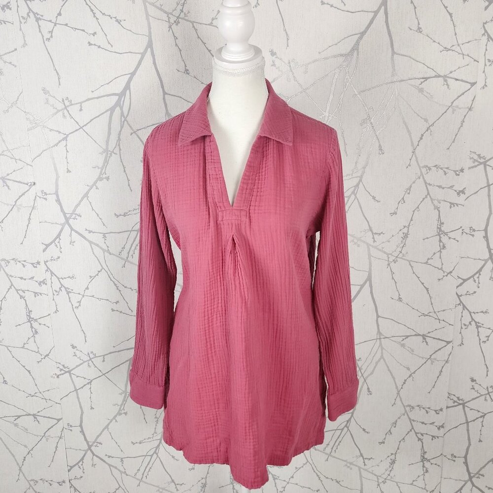 Soft Surroundings Pink 100% Cotton Gauze Collared V-Neck Tunic